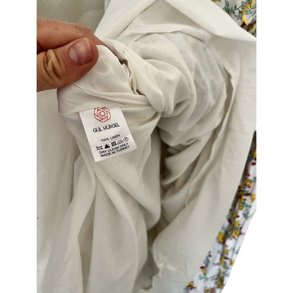 Gul Hurgel Floral White Yellow Ruffle 100% Linen Dress Pinafore Pockets Small - Picture 15 of 16